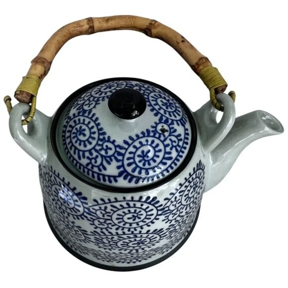 Iga Ware Handcrafted Ceramic Teapot Bamboo Handle Blue‎ White Swirl Design Vtg